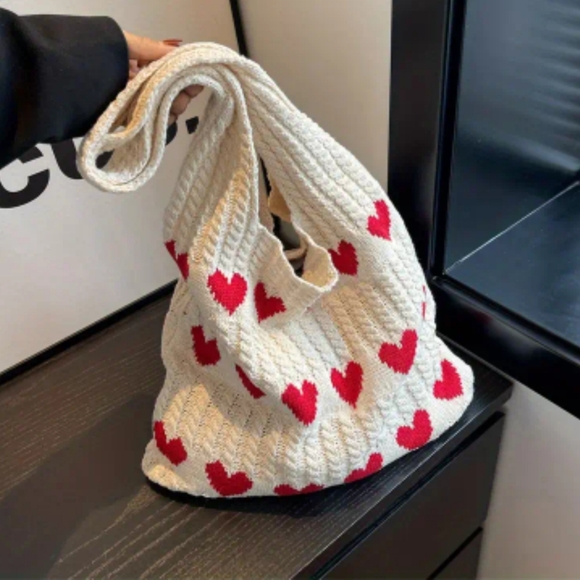 Handbags - Handmade Red Heart Patterned Cream Tote Bag